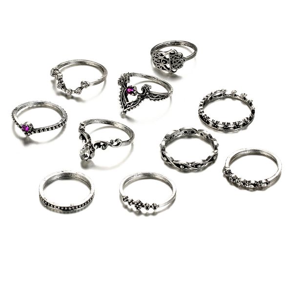 10pcs / set european and american new cluster rings purple diamond gem hollow twist palm crown joint ring combination women jewelry, Golden;silver
10pcs / set european and american new cluster rings purple diamond gem hollow twist palm crown joint ring combination women jewelry, Golden;silver