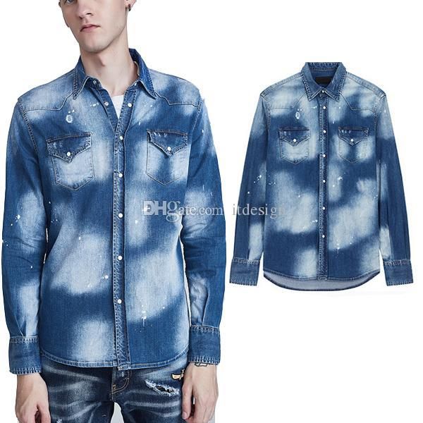 size 3xl cool guy patched rips faded bleached denim shirt slim fit long-sleeves italy style design casual wear, White;black 
size 3xl cool guy patched rips faded bleached denim shirt slim fit long-sleeves italy style design casual wear, White;black