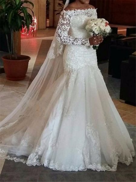 2019 long sleeve appliques lace mermaid wedding dresses off the shoulder wedding bridal gowns robe de mariage plus size, White
2019 long sleeve appliques lace mermaid wedding dresses off the shoulder wedding bridal gowns robe de mariage plus size, White