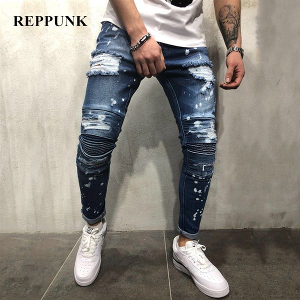 men ripped splash ink slim fit biker jeans trousers streetwear male destruction holes hop hip cotton casual jogger denim pants, Blue
men ripped splash ink slim fit biker jeans trousers streetwear male destruction holes hop hip cotton casual jogger denim pants, Blue