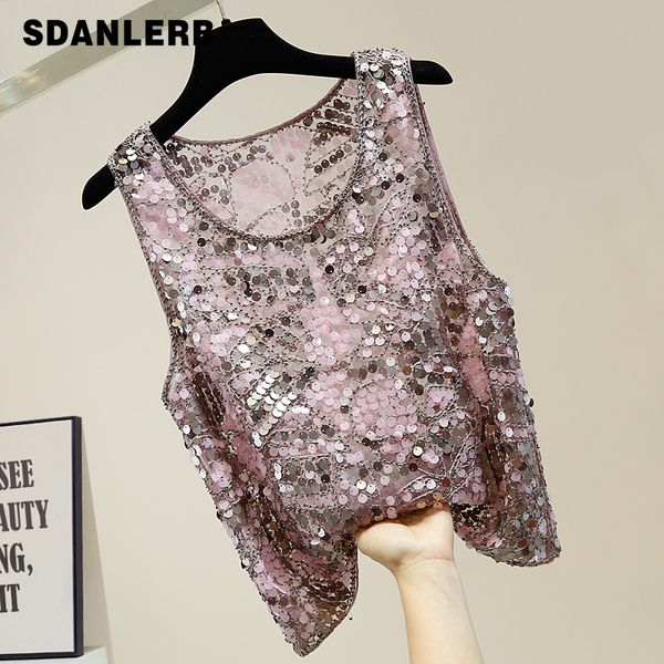 womens fashion glitter sequins heavy beaded mesh perspective sleeveless tank female, White
womens fashion glitter sequins heavy beaded mesh perspective sleeveless tank female, White