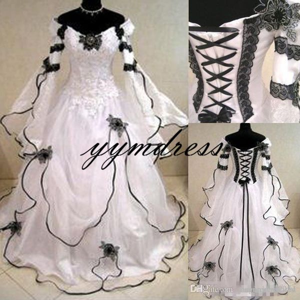 2019 vintage plus size gothic a line wedding dresses with long sleeves black lace corset back chapel train bridal gowns for garden country, White
2019 vintage plus size gothic a line wedding dresses with long sleeves black lace corset back chapel train bridal gowns for garden country, White