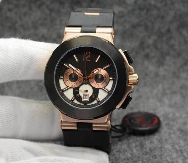 42mm quartz chronograph great mens watches stainless steel wristwatches black dial gold case with black rubber strap, Slivery;brown 
42mm quartz chronograph great mens watches stainless steel wristwatches black dial gold case with black rubber strap, Slivery;brown