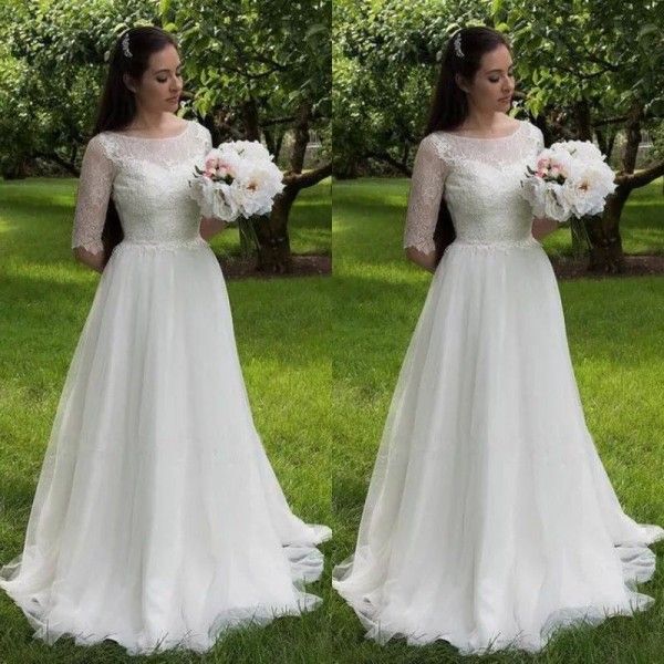 modest wedding gowns for bride half length sleeves bateau neck a line sweep train ivory lace and tulle bridal wear, White
modest wedding gowns for bride half length sleeves bateau neck a line sweep train ivory lace and tulle bridal wear, White