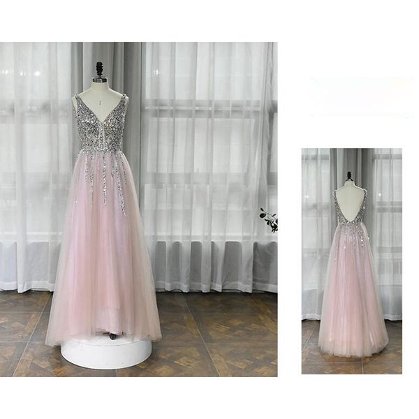 stunning blush prom dresses long v-neck sleeveless v-back major beading sequins floor length evening gowns, Black
stunning blush prom dresses long v-neck sleeveless v-back major beading sequins floor length evening gowns, Black