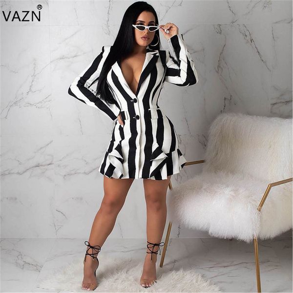 vazn autumn 2019 exotic designer women dress striped full sleeve lady chiffon mini dress vestido dan6511, Black;pink