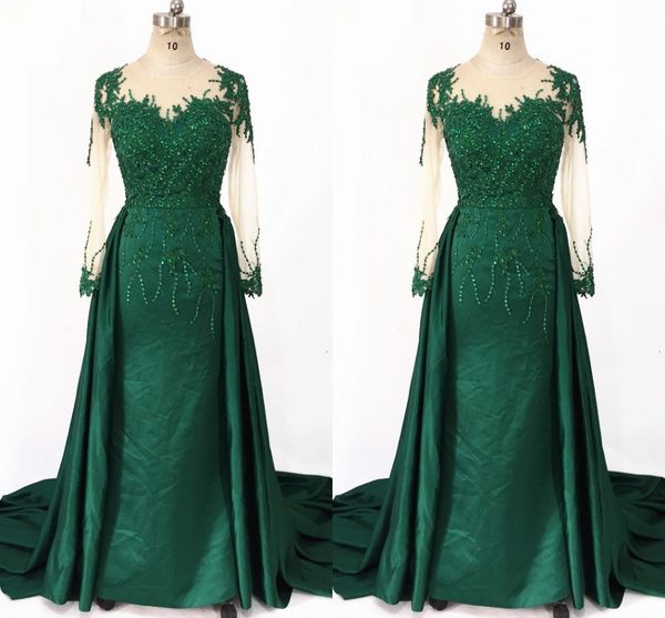 green beading satin long sleeve evening formal dresses long train sheer round neckline hollow back lace applique beaded prom dress sheath, Black
green beading satin long sleeve evening formal dresses long train sheer round neckline hollow back lace applique beaded prom dress sheath, Black
