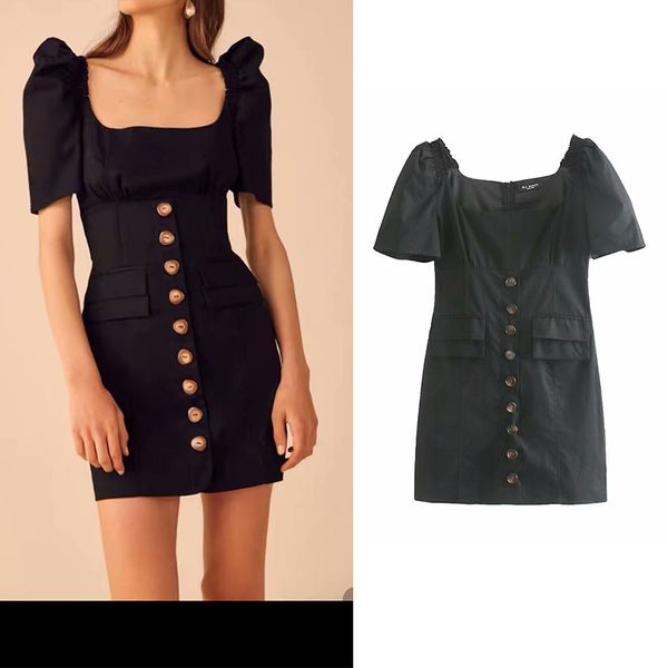 2019 double layer puff sleeve square collar straight black dress buttons side pockets chic solid slim mini vestido, Black;gray
2019 double layer puff sleeve square collar straight black dress buttons side pockets chic solid slim mini vestido, Black;gray