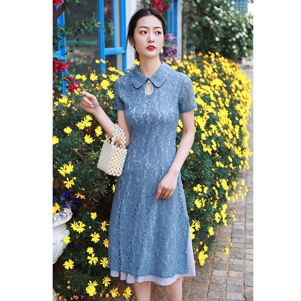 new sweet elegent women lace doll collar short sleeve dresses blue hollow out mesh split cheongsam daily slim retro dress, White
new sweet elegent women lace doll collar short sleeve dresses blue hollow out mesh split cheongsam daily slim retro dress, White