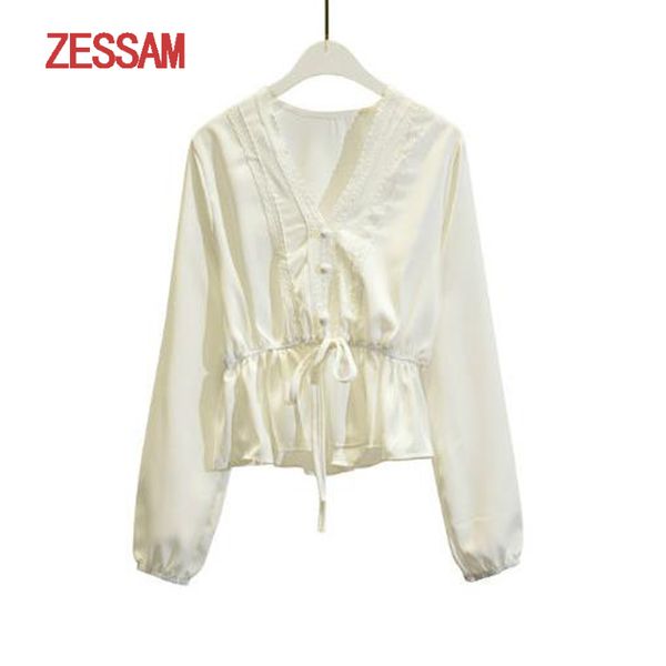 autumn long-sleeved strap v-neck lace button women's shirt new elegant slim shirt, White
autumn long-sleeved strap v-neck lace button women's shirt new elegant slim shirt, White