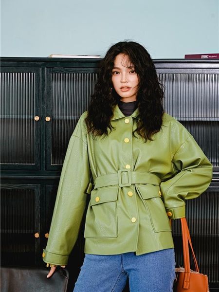 fmfssom spring autumn belt big pocket loose turn- down collar matte button pu leather jacket women female lady, Black
fmfssom spring autumn belt big pocket loose turn- down collar matte button pu leather jacket women female lady, Black