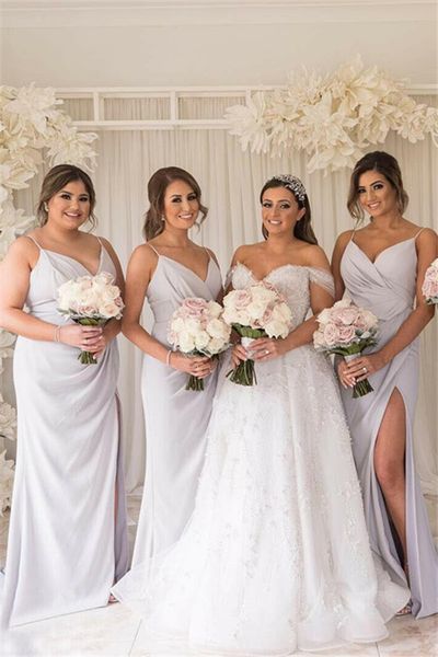 sheath spaghetti straps light gray side split sleeveless v neck bridesmaid dresses plus size long ruched country maid of honor gown, White;pink
sheath spaghetti straps light gray side split sleeveless v neck bridesmaid dresses plus size long ruched country maid of honor gown, White;pink
