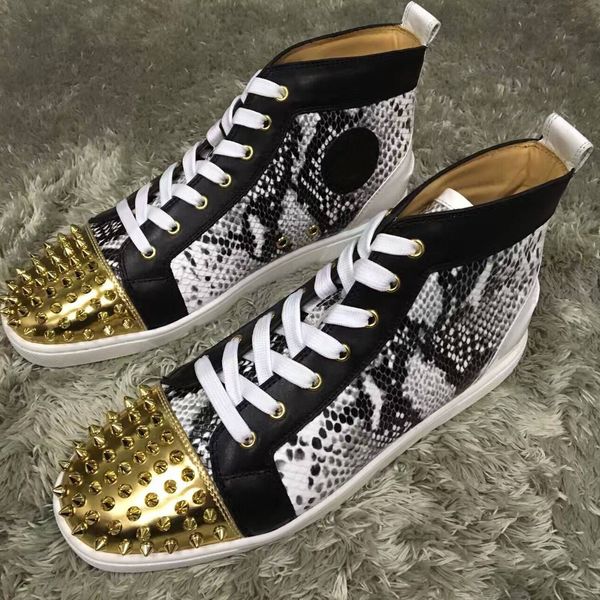 wholesale price -- gold spikes men high red bottom sneakers python leather casual 2020 skateboard walking with box,eu35-47, Black
wholesale price -- gold spikes men high red bottom sneakers python leather casual 2020 skateboard walking with box,eu35-47, Black