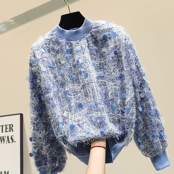 2019 autumn winter new knitted jacket long sleeve blue sweater womens sequins loose knit jumper pullover female sweaters outwear, White;black
2019 autumn winter new knitted jacket long sleeve blue sweater womens sequins loose knit jumper pullover female sweaters outwear, White;black