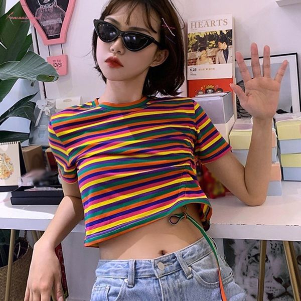 new t shirt women rainbow striped harajuku tshirt 2019 summer short sleeve drawstring fashion o neck korean punk t shirt, White
new t shirt women rainbow striped harajuku tshirt 2019 summer short sleeve drawstring fashion o neck korean punk t shirt, White