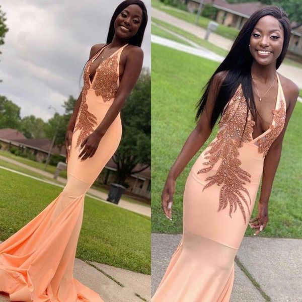charming halter elastic satin mermaid long prom dresses deep v neck lace applique beaded sweep train evening party gowns, Black
charming halter elastic satin mermaid long prom dresses deep v neck lace applique beaded sweep train evening party gowns, Black