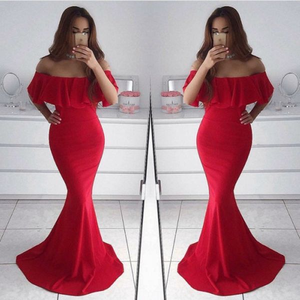 simple off shoulder red mermaid evening dresses 2020 ruffles floor length prom party dress robes de soirée, Black;red
simple off shoulder red mermaid evening dresses 2020 ruffles floor length prom party dress robes de soirée, Black;red