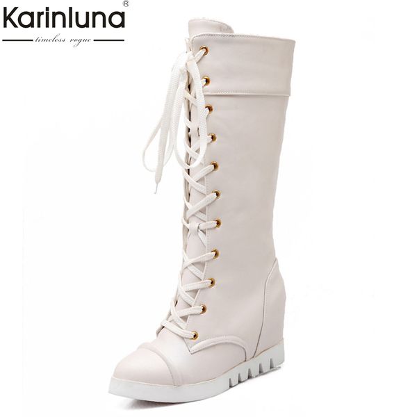 fashion 2019 mid calf boots wedges shoes women high heels shoelaces autumn winter woman boots shoes woman, Black