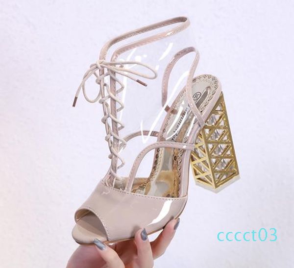 2019 nude pvc lace up thick heel shoes women designer shoes size 34 to 40 ct03, Black