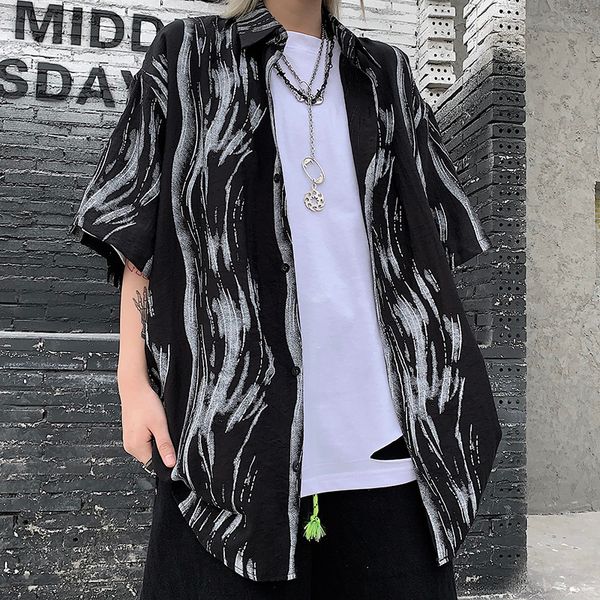 hip hop contrast striped graffiti tie dye print blouse streetwear woman man shirt harajuku punk korean button summer outwear, White 
hip hop contrast striped graffiti tie dye print blouse streetwear woman man shirt harajuku punk korean button summer outwear, White