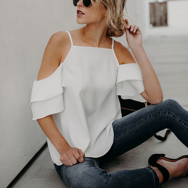 summer off shoulder chiffon blouse womens short sleeve spaghetti strap ruffles blusa womens casual solid color plus size, White
summer off shoulder chiffon blouse womens short sleeve spaghetti strap ruffles blusa womens casual solid color plus size, White
