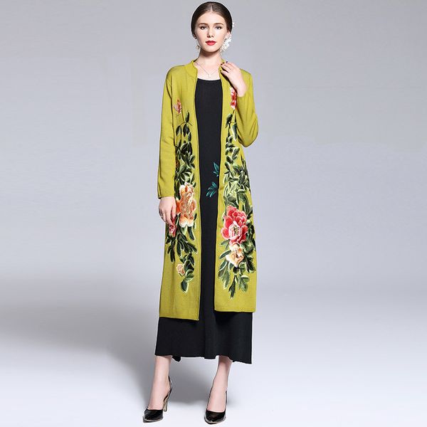 2017 new spring autumn long sleeve coat women clothing knitting embroidery coats s xxl fashion winter long overcoat, Tan;black