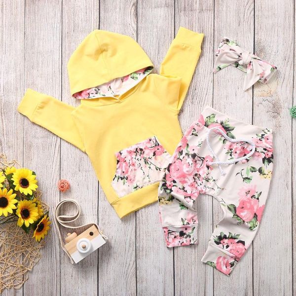 toddler spring clothes baby girl clothes floral printed hoodie sweatshirt +pants+headbands outfit set 2020 baby, White