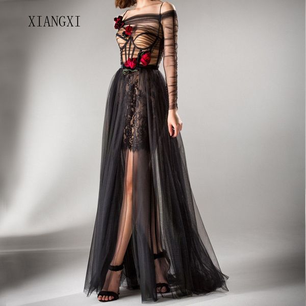 2019 new listing black long evening dress boat neck full sleeves lace split vestido de festa long evening dresses party gowns, White;black
2019 new listing black long evening dress boat neck full sleeves lace split vestido de festa long evening dresses party gowns, White;black