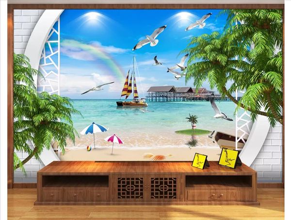 3d custom wall papers home decor p wallpaper seaside scenery sea beach palm tree living room tv sofa background wall paper for walls