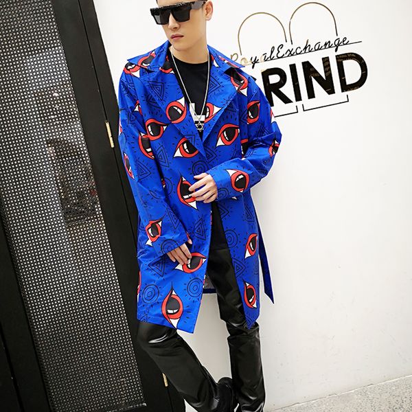 

6xlpersonality printed blue windbreaker long coat korean windbreaker nightclub singer host hair stylist tide jacket, Tan;black