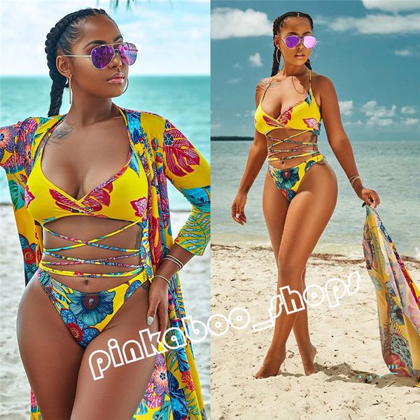 women's summer swimwear three-piece suit floral printed bikini bandage sets + shirt ladies swimsuit tankini bathing suit s-2xl ly326, White