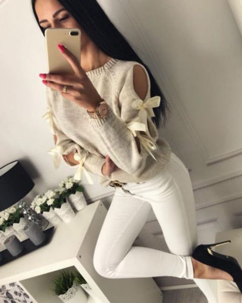 women`s bow hollow out long sleeve sweater pullover loose knitwear new brand, White;black
women`s bow hollow out long sleeve sweater pullover loose knitwear new brand, White;black