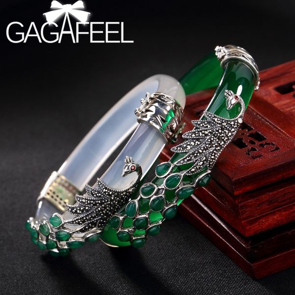 

gagafeel retro bracelet women white green chalcedony bangles inlaid peacock shape thai silver bracelet ladies high-grade jewelry, Black