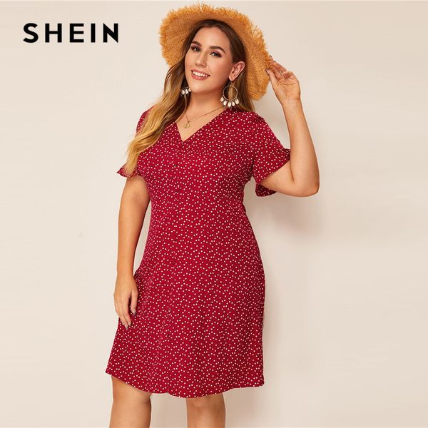 

shein plus size heart print ruffle cuff button up dress women summer boho straight shift tunic flounce sleeve plus dresses, Black;gray