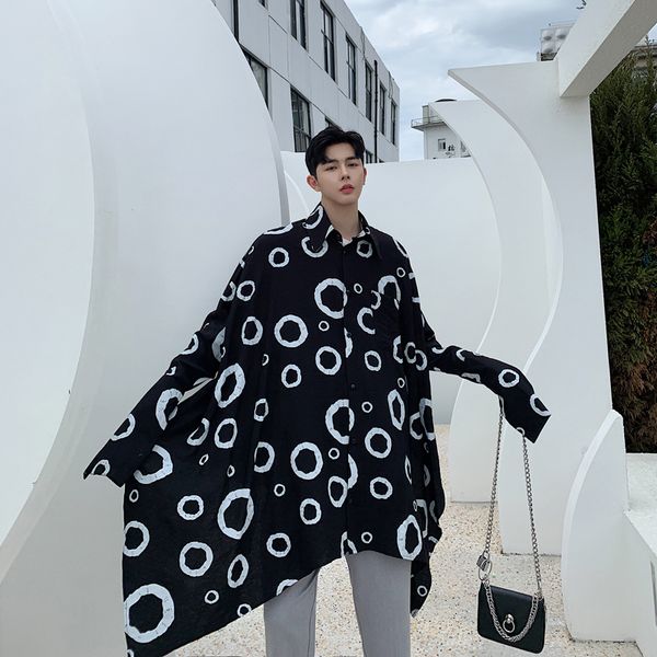 men autumn circle pattern long sleeve loose casual shirt cardigan male streetwear hip hop party stage show shirts coat, White;black
men autumn circle pattern long sleeve loose casual shirt cardigan male streetwear hip hop party stage show shirts coat, White;black