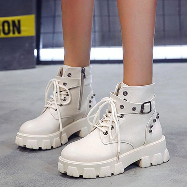 fashion ankle boots for women with platform autumn winter zipper punk belt buckle rivets cool lace up women's leather boots, Black
fashion ankle boots for women with platform autumn winter zipper punk belt buckle rivets cool lace up women's leather boots, Black