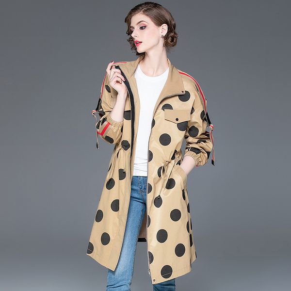 

trench coat women's 2019 autumn winter new polka dot fashion patchwork long sleeves zipper casual coat women, Tan;black