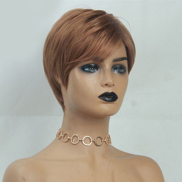 elegant brown short straight human hair wigs women side part full wigs, Black
elegant brown short straight human hair wigs women side part full wigs, Black