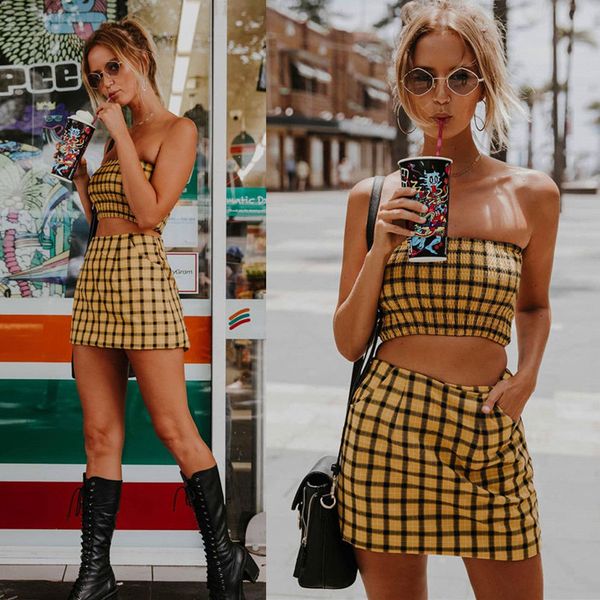 plaid print shirred strapless crop en rok set zomer geel rits strand tweedelige set vakantie vrouwen sets, White
plaid print shirred strapless crop en rok set zomer geel rits strand tweedelige set vakantie vrouwen sets, White