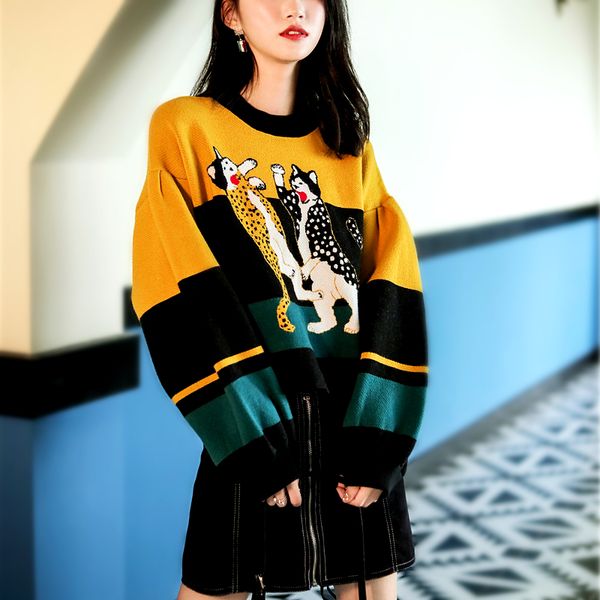 korean harajuku spring autumn women knitting sweater chic o neck lantern sleeve cartoon pattern short style sweater women sl244, White;black
korean harajuku spring autumn women knitting sweater chic o neck lantern sleeve cartoon pattern short style sweater women sl244, White;black