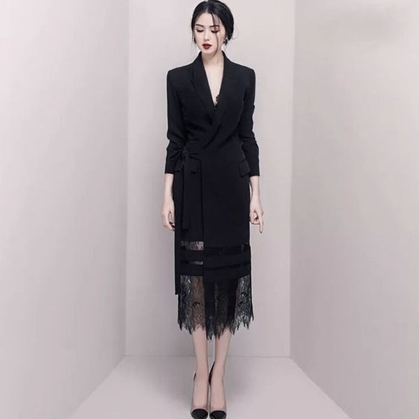 women elegant runway luxury designers long blazer suit jacket ladies black lace splice dress femme robe, White;black
women elegant runway luxury designers long blazer suit jacket ladies black lace splice dress femme robe, White;black