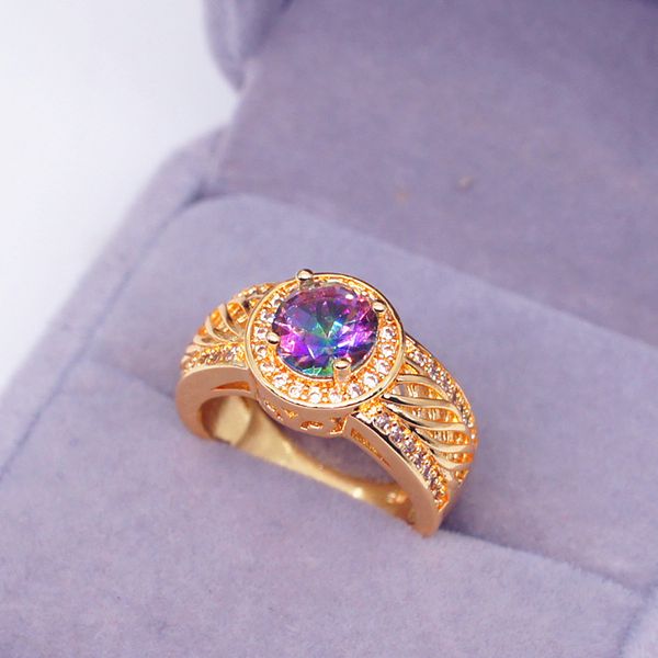 selling exquisite new inlaid z ring euro american seven rainbow stone 18k gold ring female, Golden;silver