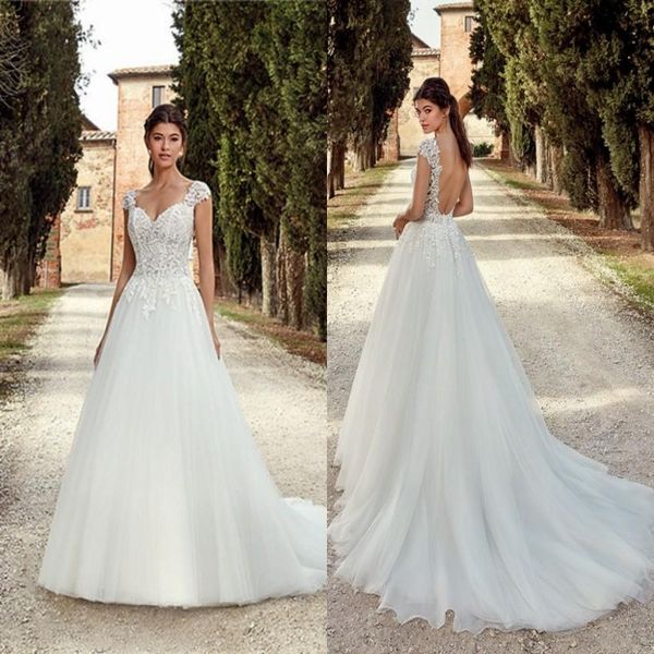 new arrival a line wedding dresses 2019 low back cap sleeves appliqued long tulle bridal country garden bridal gowns, White
new arrival a line wedding dresses 2019 low back cap sleeves appliqued long tulle bridal country garden bridal gowns, White