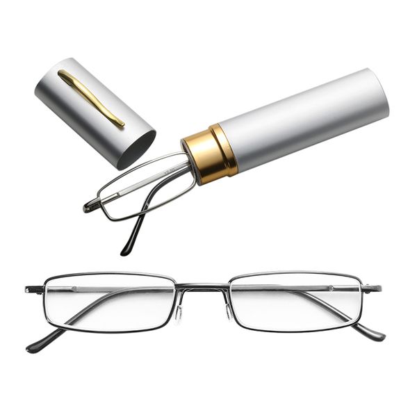 new arrival 1 pcs reading glasses metal frame resin with tube case mini portable for women men, Silver
new arrival 1 pcs reading glasses metal frame resin with tube case mini portable for women men, Silver