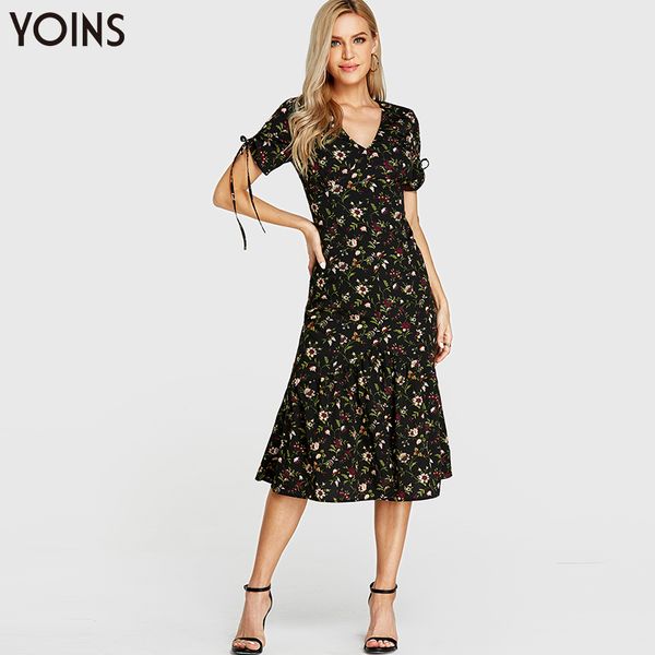 

yoins bohemian floral print v-neck crossed collar self-tie ruffle hem midi dress 2019 women summer short sleeve dresses vestidos, Black;gray