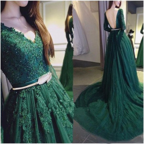 long sleeve dark green muslim evening dress backless prom dresses v neck sweep train appliques tulle formal party gown, White;black
long sleeve dark green muslim evening dress backless prom dresses v neck sweep train appliques tulle formal party gown, White;black