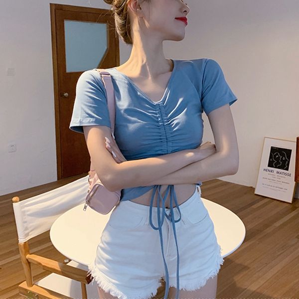 women's t-shirt summer solid v-neck regular sleeve drawstring shirt bow short bare midriff office lady tees, White
women's t-shirt summer solid v-neck regular sleeve drawstring shirt bow short bare midriff office lady tees, White