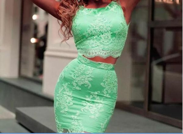 green two pieces dresses party evening wear lace see through sleeveless prom dress zipper back knee length homecoming dress cheap, Red