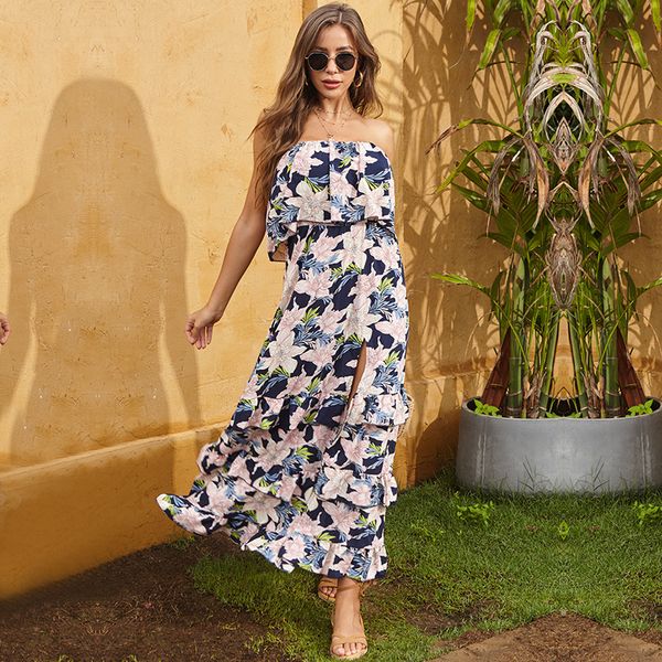 european and american wrapped chest collar chiffon off-shoulder split printed dress womens waist ruffle dress summer, White;black
european and american wrapped chest collar chiffon off-shoulder split printed dress womens waist ruffle dress summer, White;black