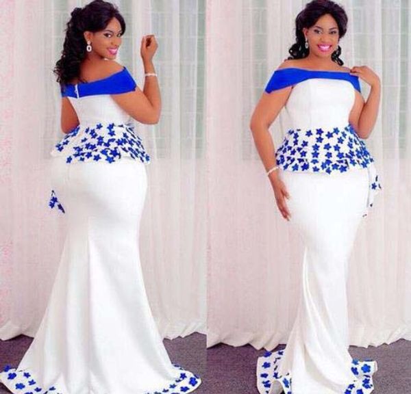 fat big size real african women evening banquet dress blue off shoulder appliques mermaid long white satin formal evening dress, Black;red 
fat big size real african women evening banquet dress blue off shoulder appliques mermaid long white satin formal evening dress, Black;red